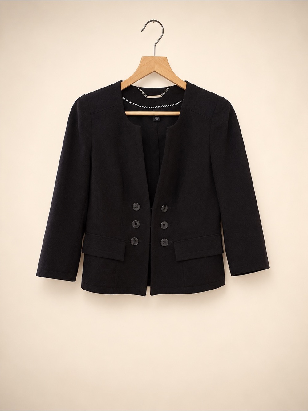 White House Black Market Black Collarless Double Breasted Blazer Jacket Size 8